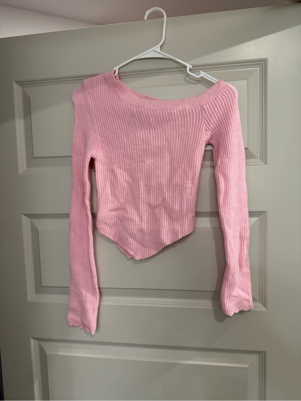 Light Pink Ribbed Off-Shoulder Cropped Sweater - Picture 2 of 2